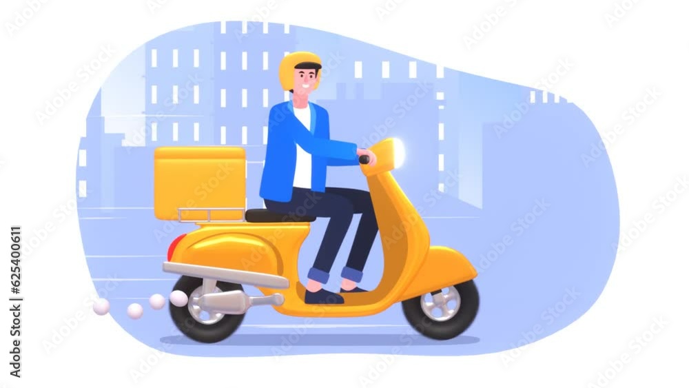 2d animation of a cheerful delivery courier riding yellow scooter, express delivery concept 2d animation of a cheerful delivery courier riding yellow scooter, express delivery concept