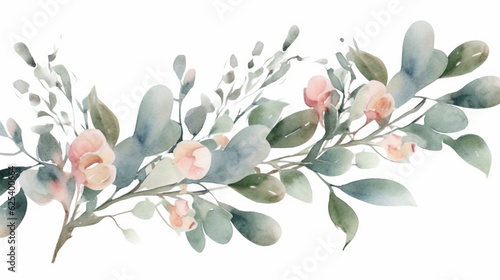 Watercolor floral bouquet branches with green pink blush leaves, for wedding invitations, greetings, wallpapers, fashion, prints. Eucalyptus, olive green leaves., Generative AI.