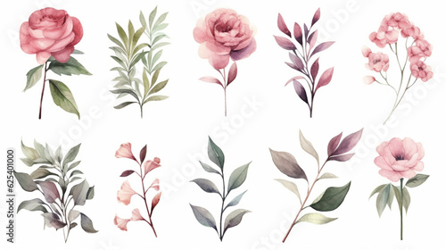 Watercolor floral individual elements set - green leaves, burgundy pink peach blush white flowers, branches. Wedding invitations wallpapers fashion prints, olive, peony, rose, Generative AI.