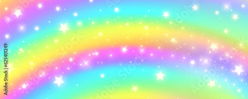 Rainbow gradient background with stars. Abstract spectrum color texture. Neon holographic backdrop with blend effect. Vector unicorn wallpaper