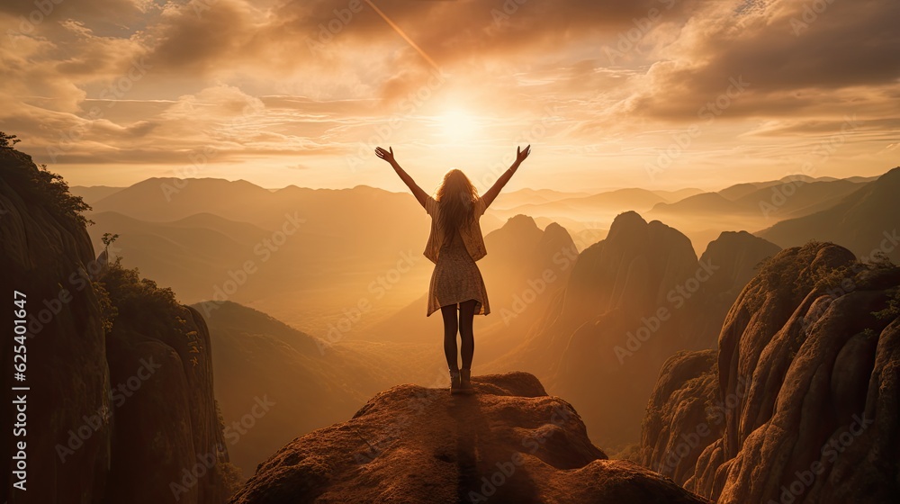 A woman on top of the mountain with arms open to a welcoming new day with sunrise success. Successful women have attained peaks of personal growth and development. Generative Ai