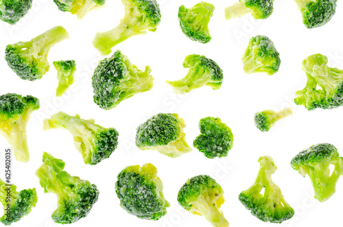 Preservation of vegetables, frozen broccoli cabbage on white background
