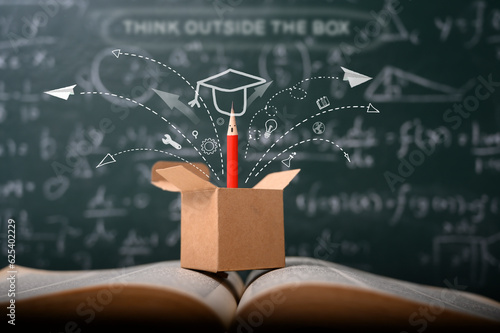 think outside the box on school green blackboard . startup education concept. creative idea. leadership..