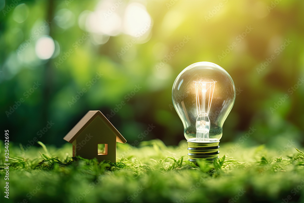 Energy saving and eco house concept. Small house and light bulb on ...