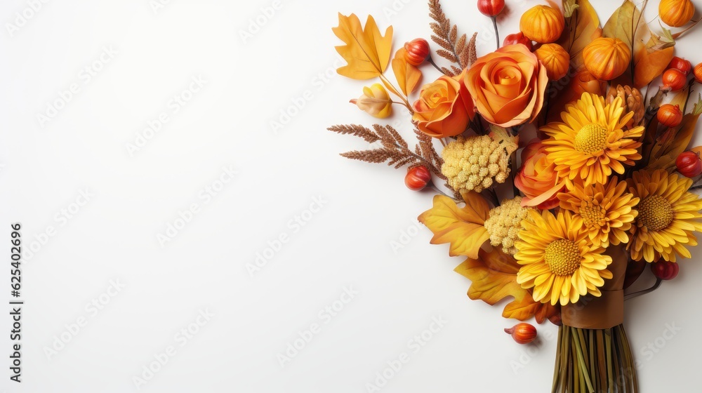Happy Thanksgiving Day Background, Autumn Flowers Composition. Generative Ai