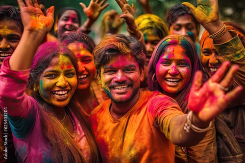 Happy Indians celebrate the colorful festival of Holi in India. Generative Ai