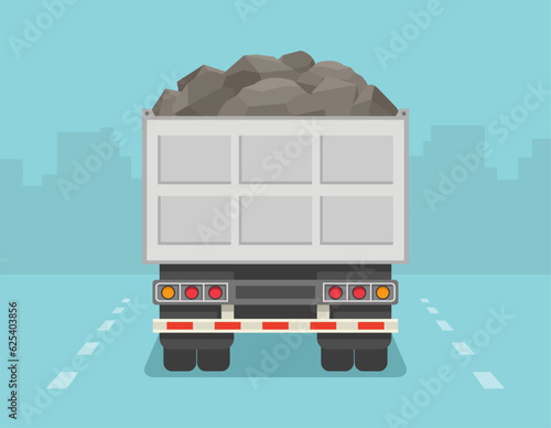 Isolated back view of a dump truck loaded with rocks. Flat vector illustration template.