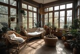 Large and open living room den sun room with windows on two sides and lots of natural light flowing in. Generative AI