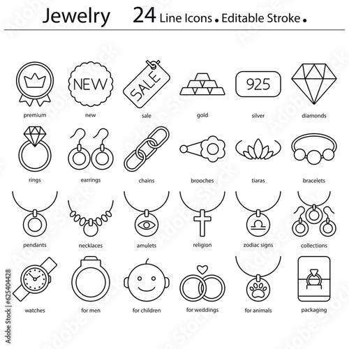 Jewelry shop line icons set, editable stroke signs