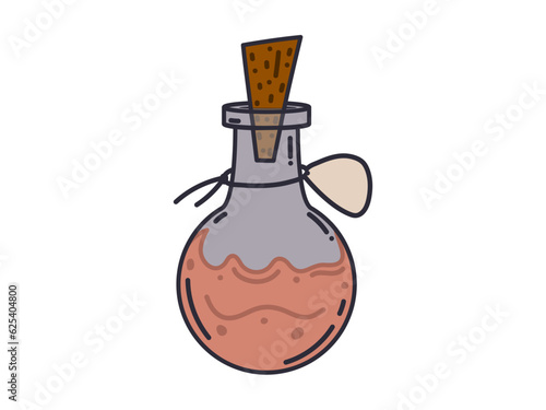 A bottle with a witch's potion. Clip Art. Bottle with magic elixir or poison. Occult vector symbol. Alchemical design element. 