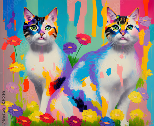 Two cats in the flower garden. Generative AI