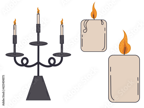 Halloween candles isolated on a white background. Set of candles. Clip art. Halloween symbol. Candlestick. Retro style.