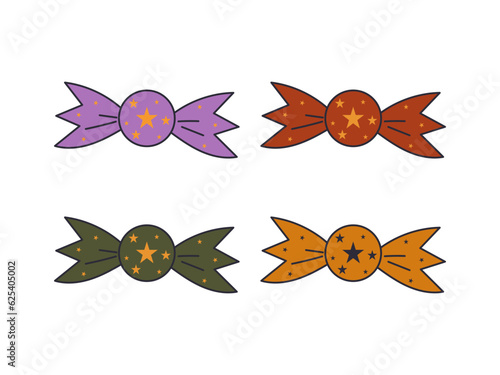 Round Halloween candy in a wrapper. Candies and snacks. Halloween candy set. Trick or treat party. Cartoon candies vector.