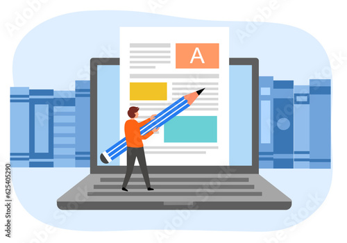 Blog author writing articles on laptop computer. Creative content writer. Blogger.