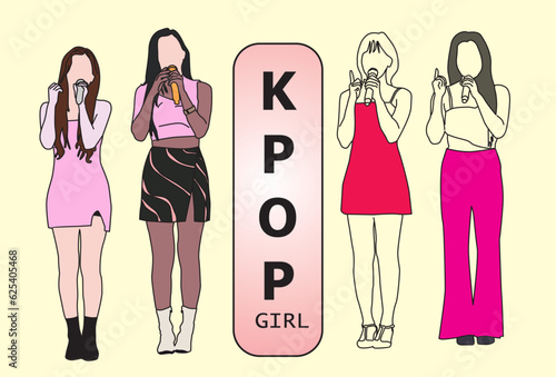 Vector illustration of a group of female singers singing wearing beautiful clothes. Korean K-POP idol show. female fashion idol. abstract flat color cartoon design