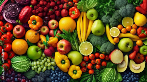 Assortment of fresh organic fruits and vegetables in rainbow colors  Generative AI.