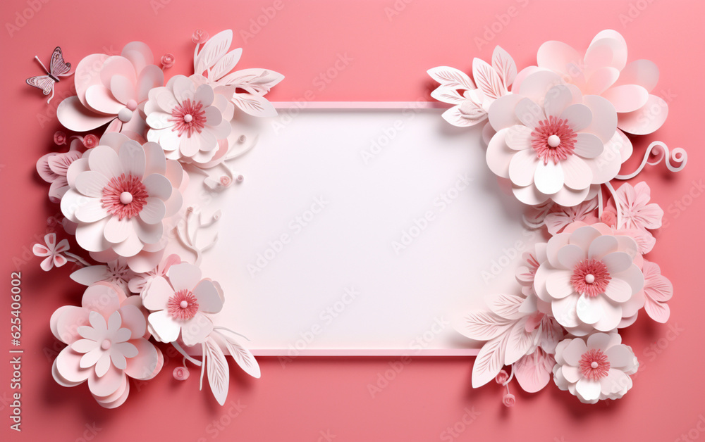 A pink and white paper photo frame with flowers on it