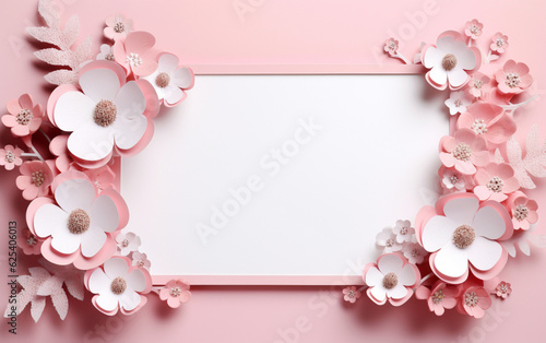 A pink and white paper photo frame with flowers on it © MUS_GRAPHIC