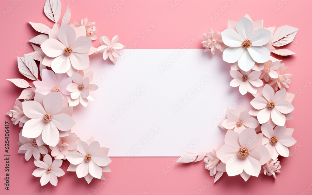 A pink and white paper photo frame with flowers on it