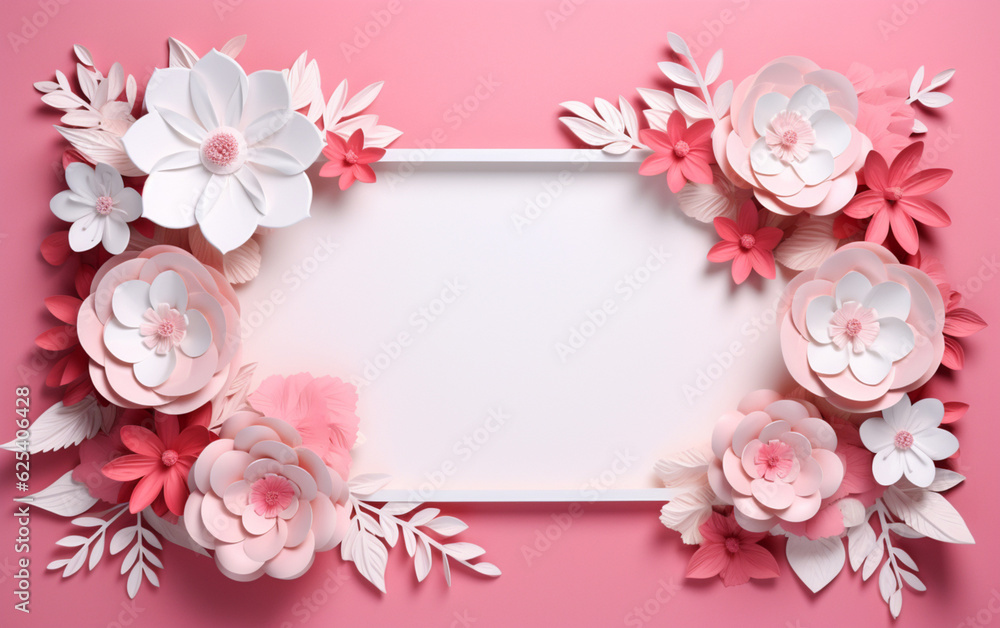 A pink and white paper photo frame with flowers on it A pink and white paper photo frame with flowers on it