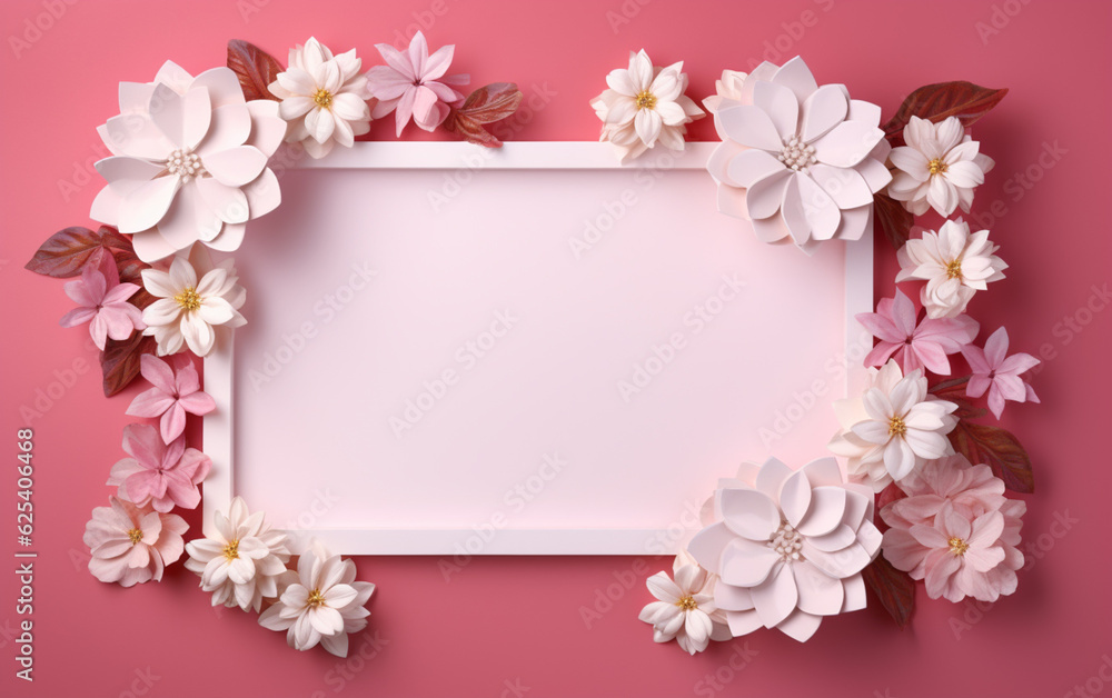 A pink and white paper photo frame with flowers on it A pink and white paper photo frame with flowers on it
