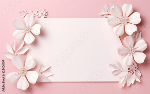A pink and white paper photo frame with flowers on it