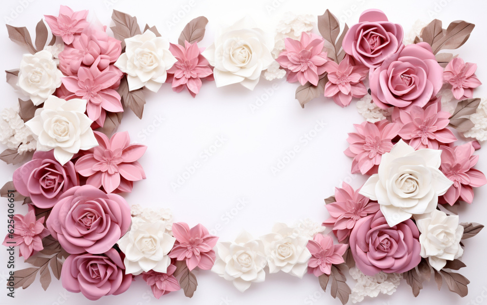 A pink and white paper photo frame with flowers on it