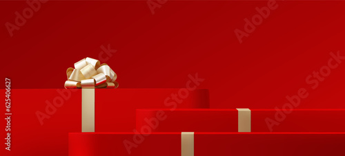 Abstract 3D Vector minimal scene for mockup product display. Minimal product background for Christmas and sale event concept. Red gift box with golden ribbon bow on red background. Vector EPS10