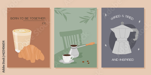 Turkish cezve pot and cup of hot freshly brewed specialty coffee. French breakfast. Latte and croissant. Moka pot with funny text. Alternative coffee brewing methods posters. Vector flat illustration.