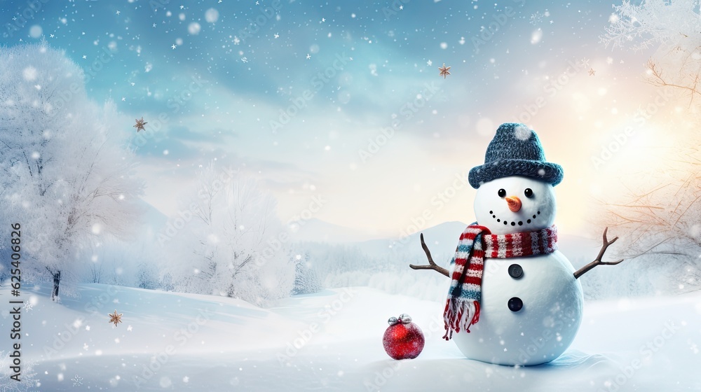 Panoramic Winter Scenery: Happy Snowman with Copy Space