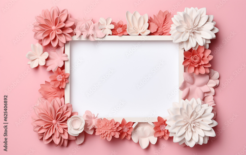 A pink and white paper photo frame with flowers on it