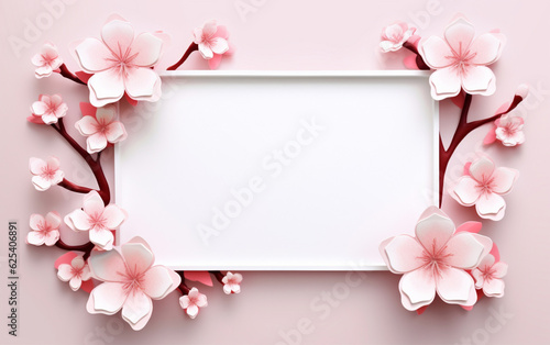 A pink and white paper photo frame with flowers on it