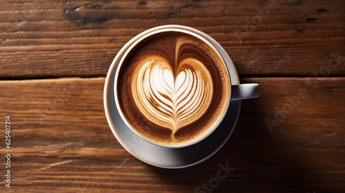 Close up white coffee cup with heart shape latte art on wood tab, Generative AI.