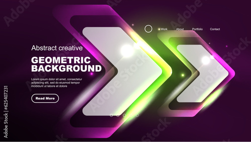 Abstract background landing page, glass geometric shapes with glowing neon light reflections, energy effect concept on glossy forms