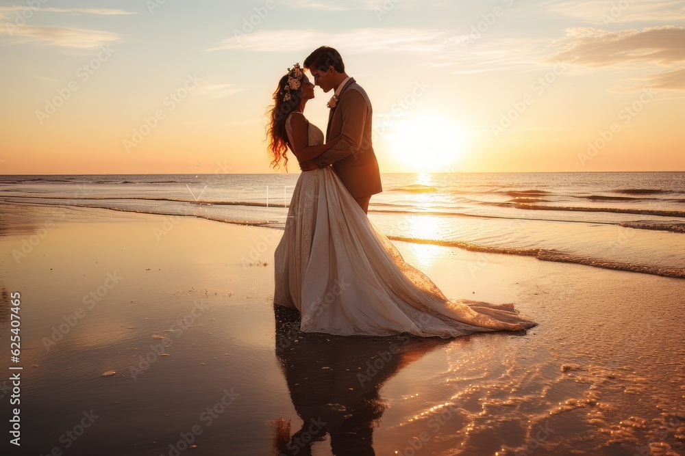 Just Married Couple Kissing On Seashore wide shot