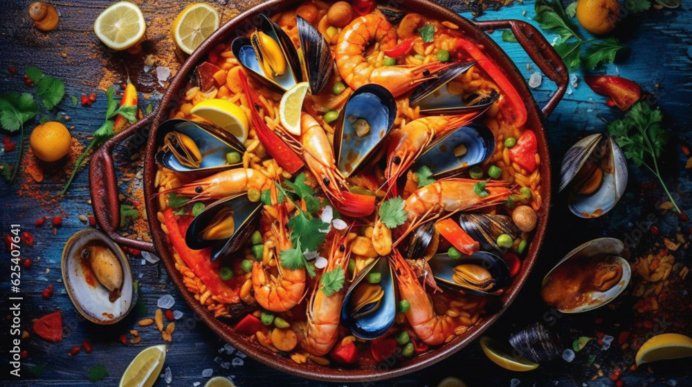 Colorful Seafood Paella Dish with Shellfish, Generative AI. Colorful Seafood Paella Dish with Shellfish, Generative AI.
