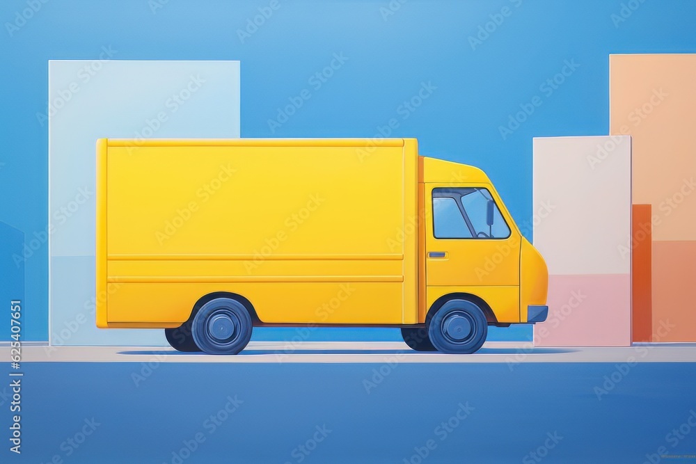 Yellow delivery post van on blue background with boxes Yellow delivery post van on blue background with boxes