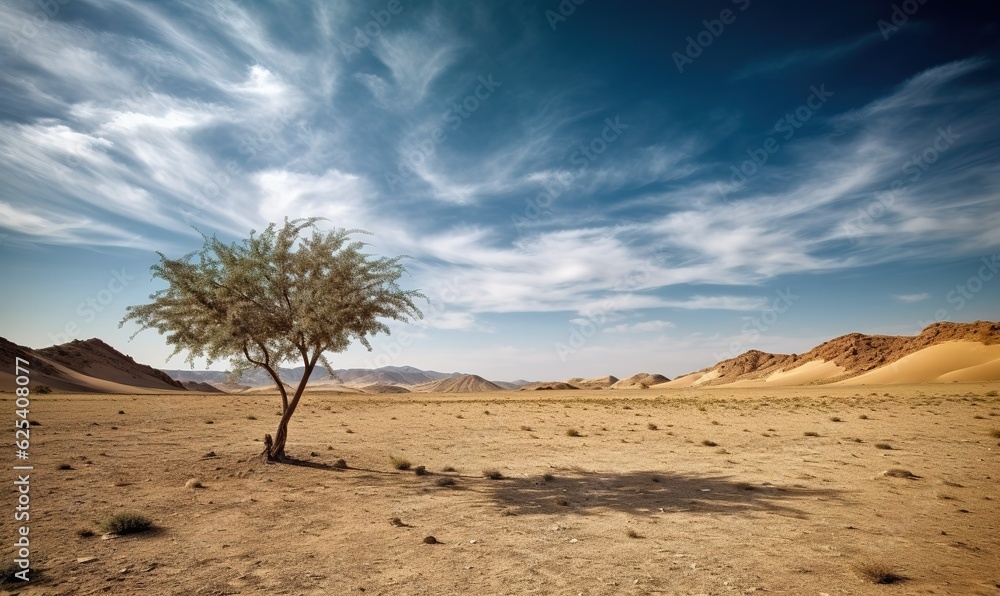 An isolated tree stands tall in the dry desert.