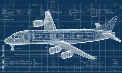 Comprehensive plane technical drawing presented in an informative blueprint. Creating using generative AI tools