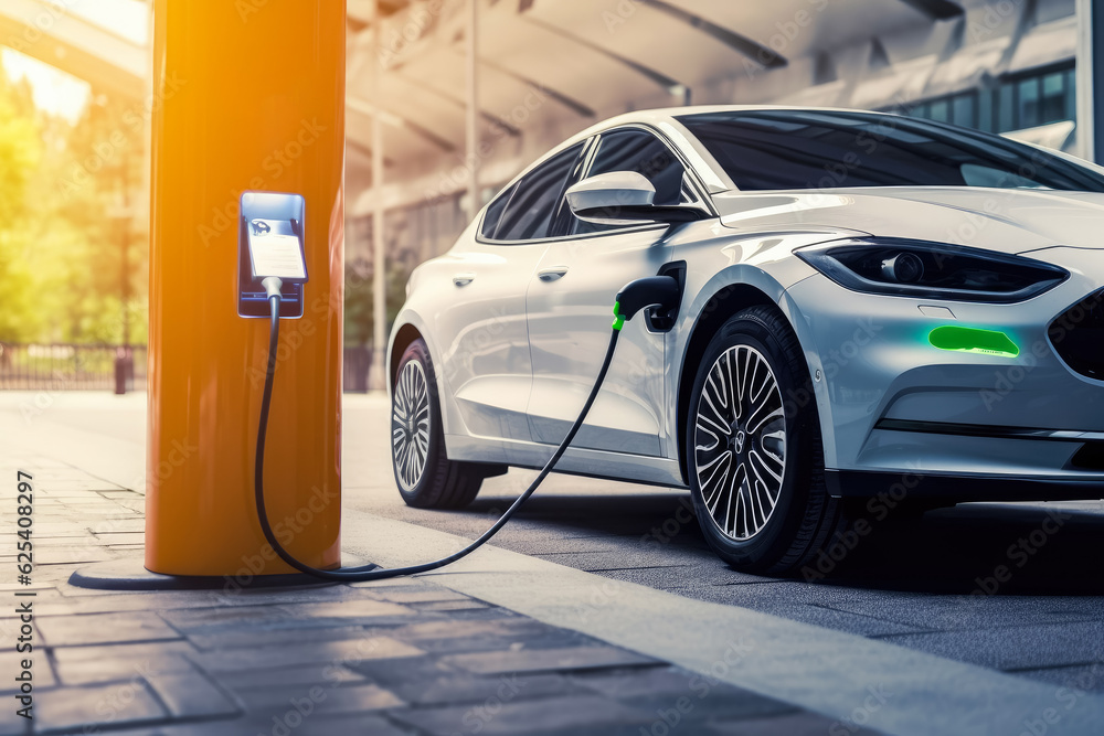 Power supply connect to electric vehicle car charging in a parking for charge EV battery , Clean energy , EV fuel Plug in hybrid car , Created with Generate Ai Technology