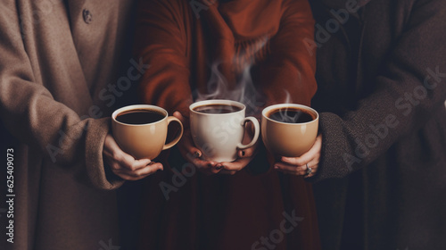Friends holding cup of coffee without face, Generative AI.