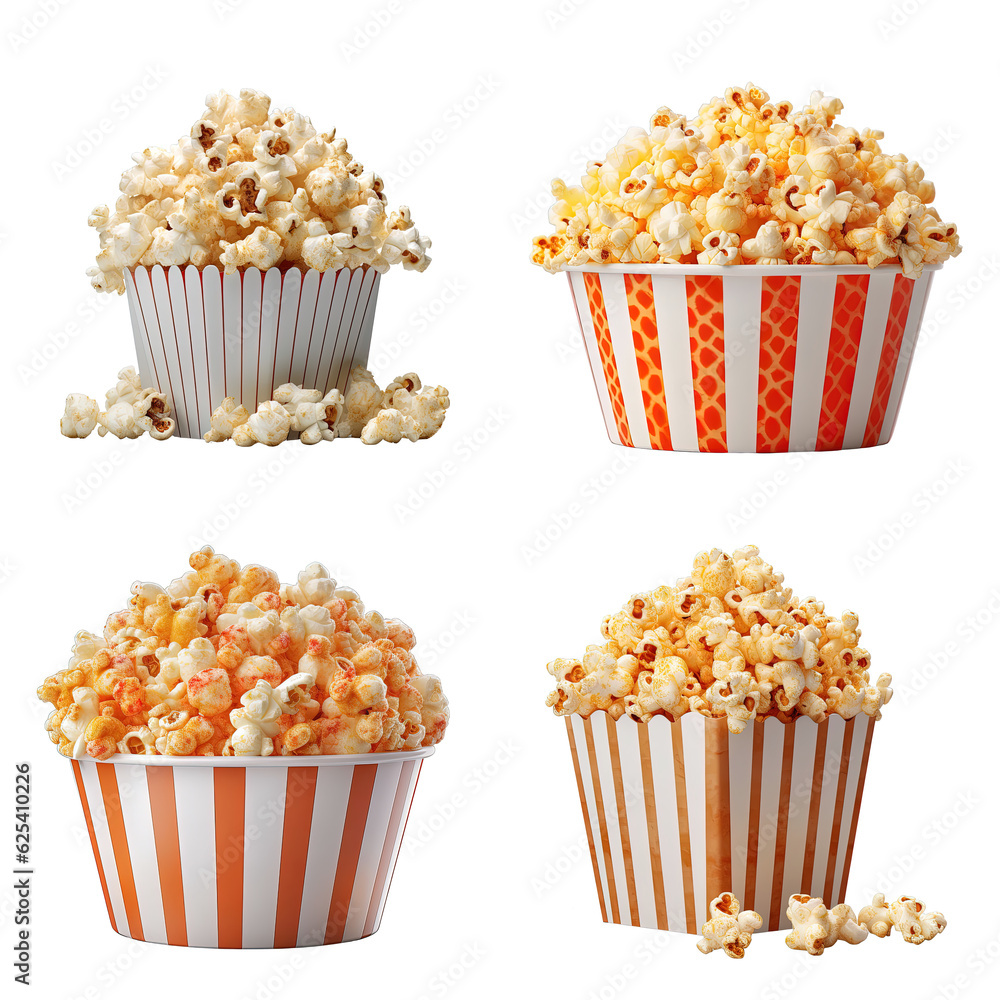 Popcorn in bucket collection isolated on transparent background