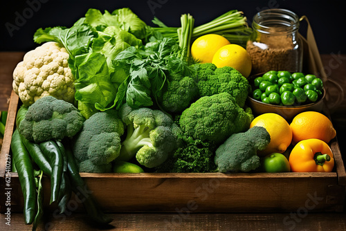 Variety of green vegetables and fruits in a crate on the table. Generative AI © ЮРИЙ ПОЗДНИКОВ