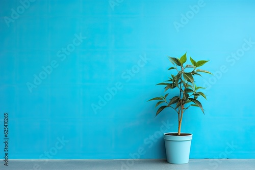 A plant positioned before a blue wall background, offering extra space for text or writing.