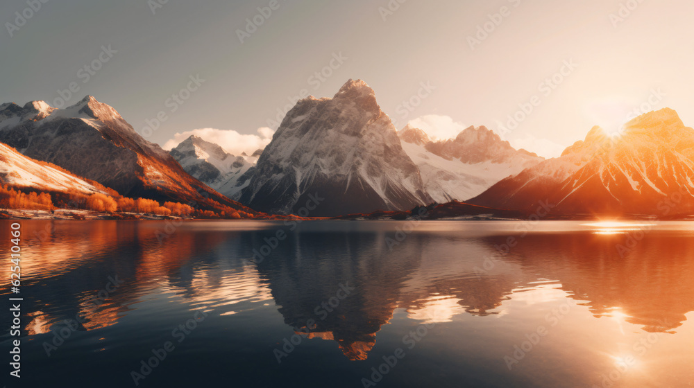 A breathtaking minimalist wallpaper of a majestic mountain range reflected in a crystal-clear lake. Golden hours. Generative IA.