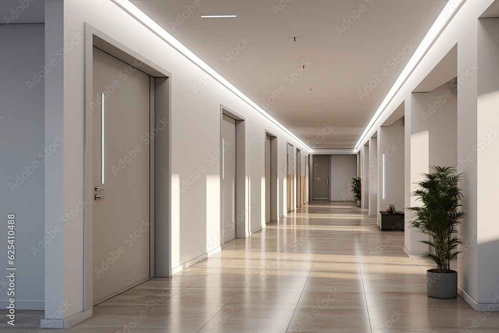 A spacious, well lit hallway with a minimalist design and no one in sight, found within the entrance area of contemporary apartments, offices, or clinics. A spacious, well lit hallway with a minimalist design and no one in sight, found within the entrance area of contemporary apartments, offices, or clinics.