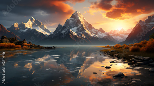A breathtaking minimalist wallpaper of a majestic mountain range reflected in a crystal-clear lake. Golden hours. Generative IA.