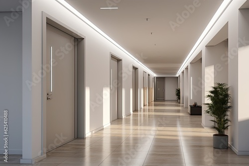 A spacious, well lit hallway with a minimalist design and no one in sight, found within the entrance area of contemporary apartments, offices, or clinics. © 2rogan