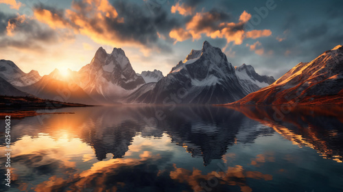 A breathtaking minimalist wallpaper of a majestic mountain range reflected in a crystal-clear lake. Golden hours. Generative IA.