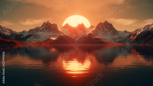 A breathtaking minimalist wallpaper of a majestic mountain range reflected in a crystal-clear lake. Golden hours. Generative IA.